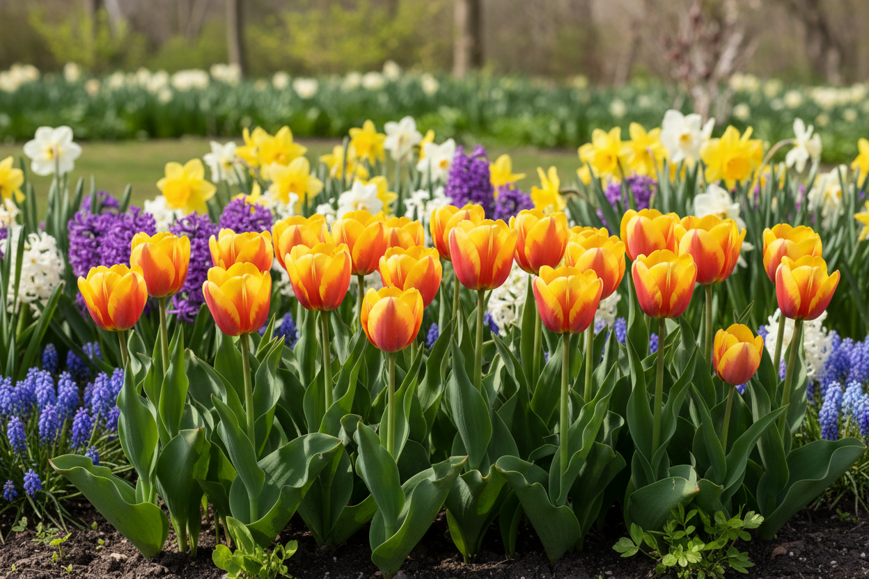 Tulip American Dream golden yellow tulips with reddish orange edges in a garden bed with complementary spring flowering bulbs
